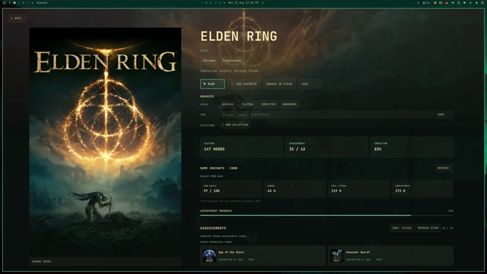 Elden Ring details in Omakade with playtime, IGDB insights, and Steam achievements